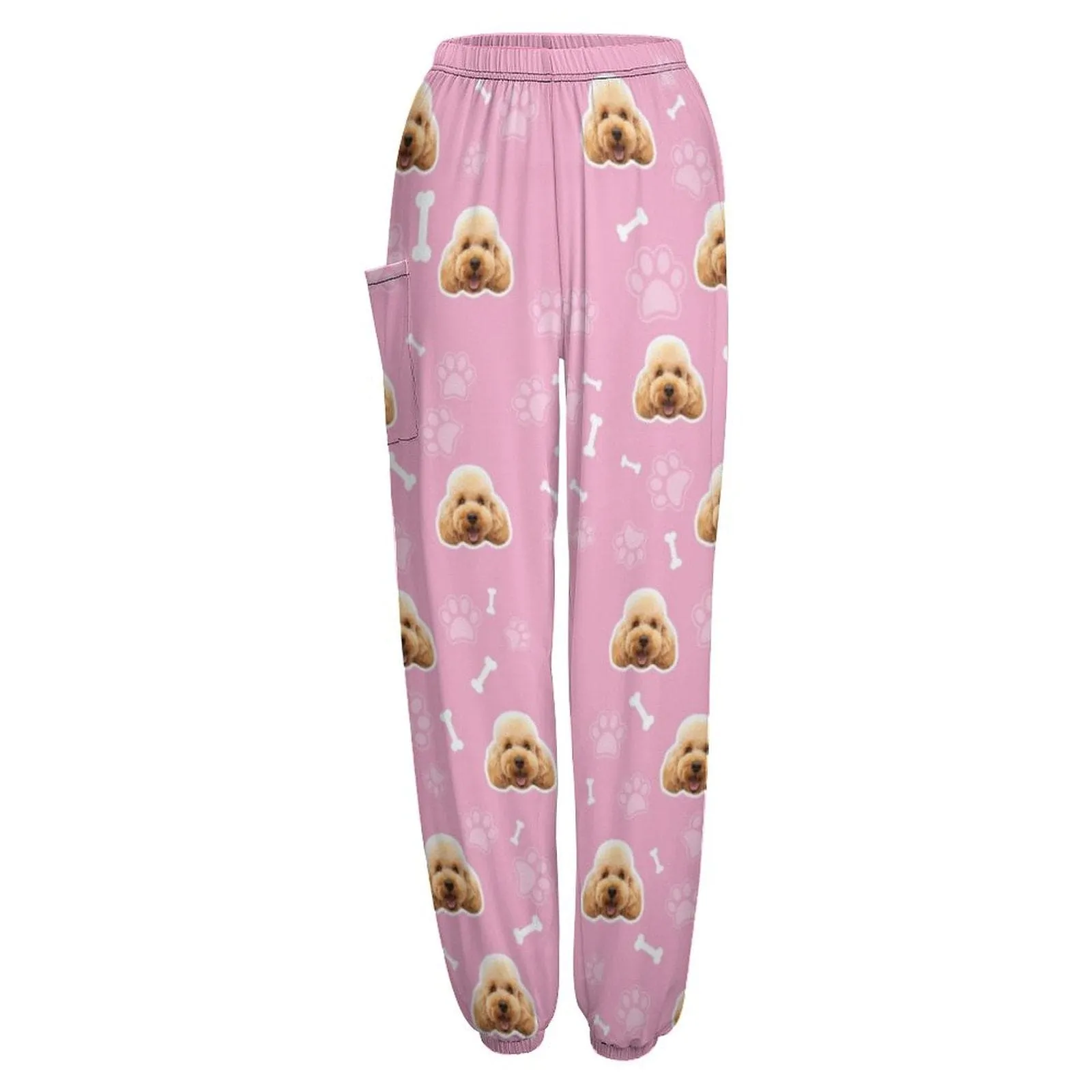 Custom Pet Face Bone Paw Print Multicolor Women's Jogger Casual Trousers Elastic Waist Sports Pants With Pocket