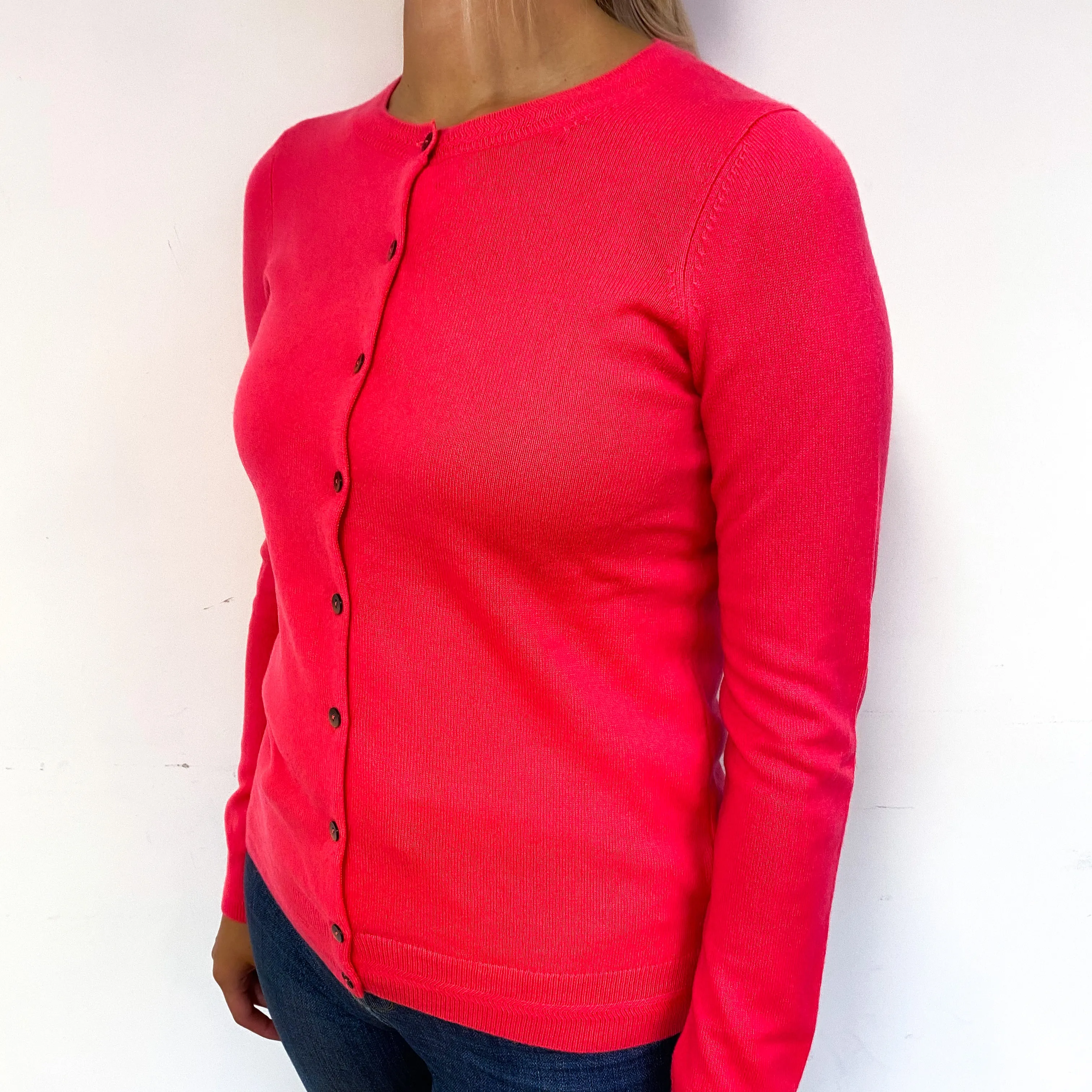 Deep Neon Coral Cashmere Crew Neck Cardigan Small