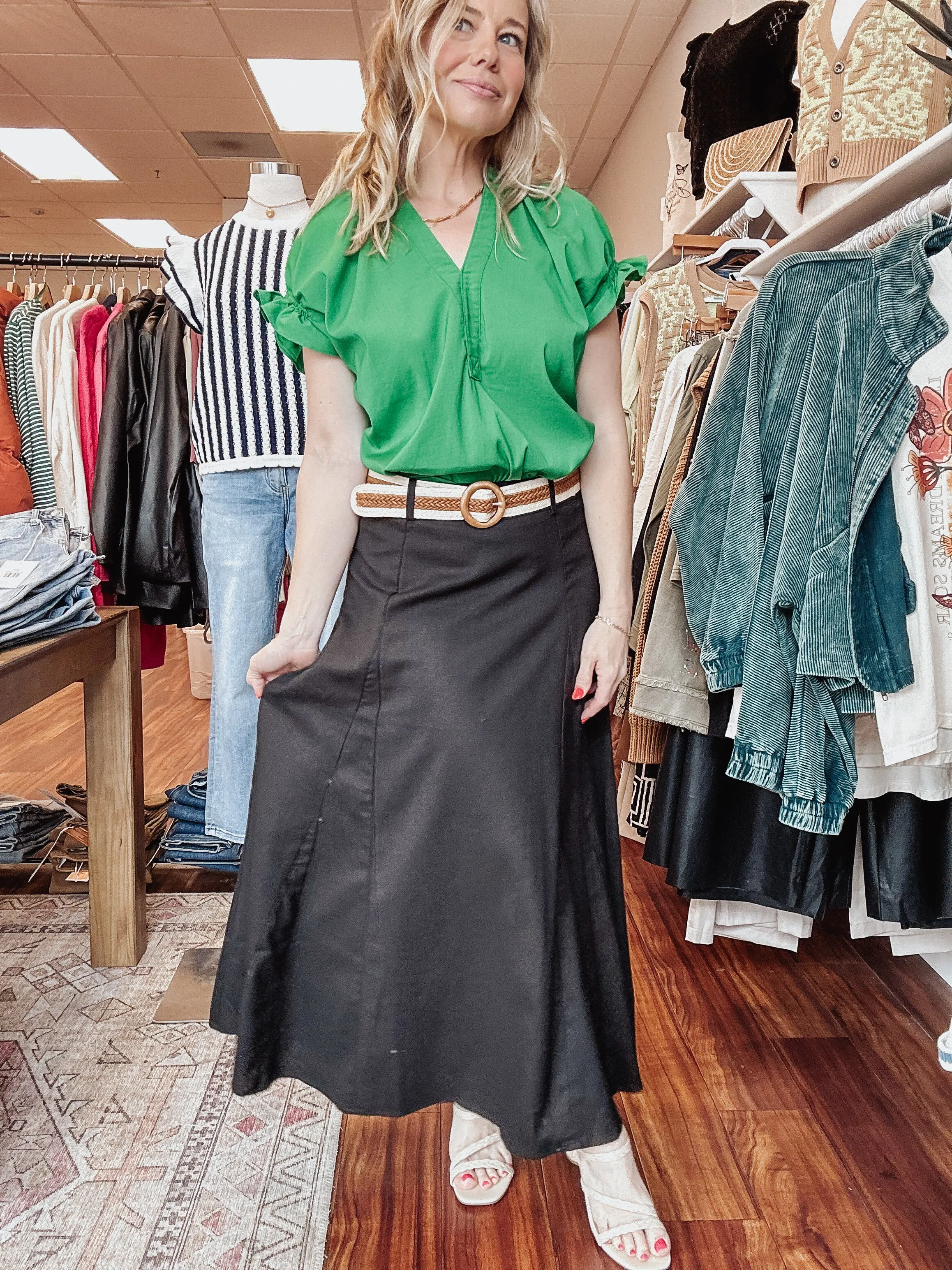 FINAL SALE Bali Linen Midi Skirt with Straw Belt - Black