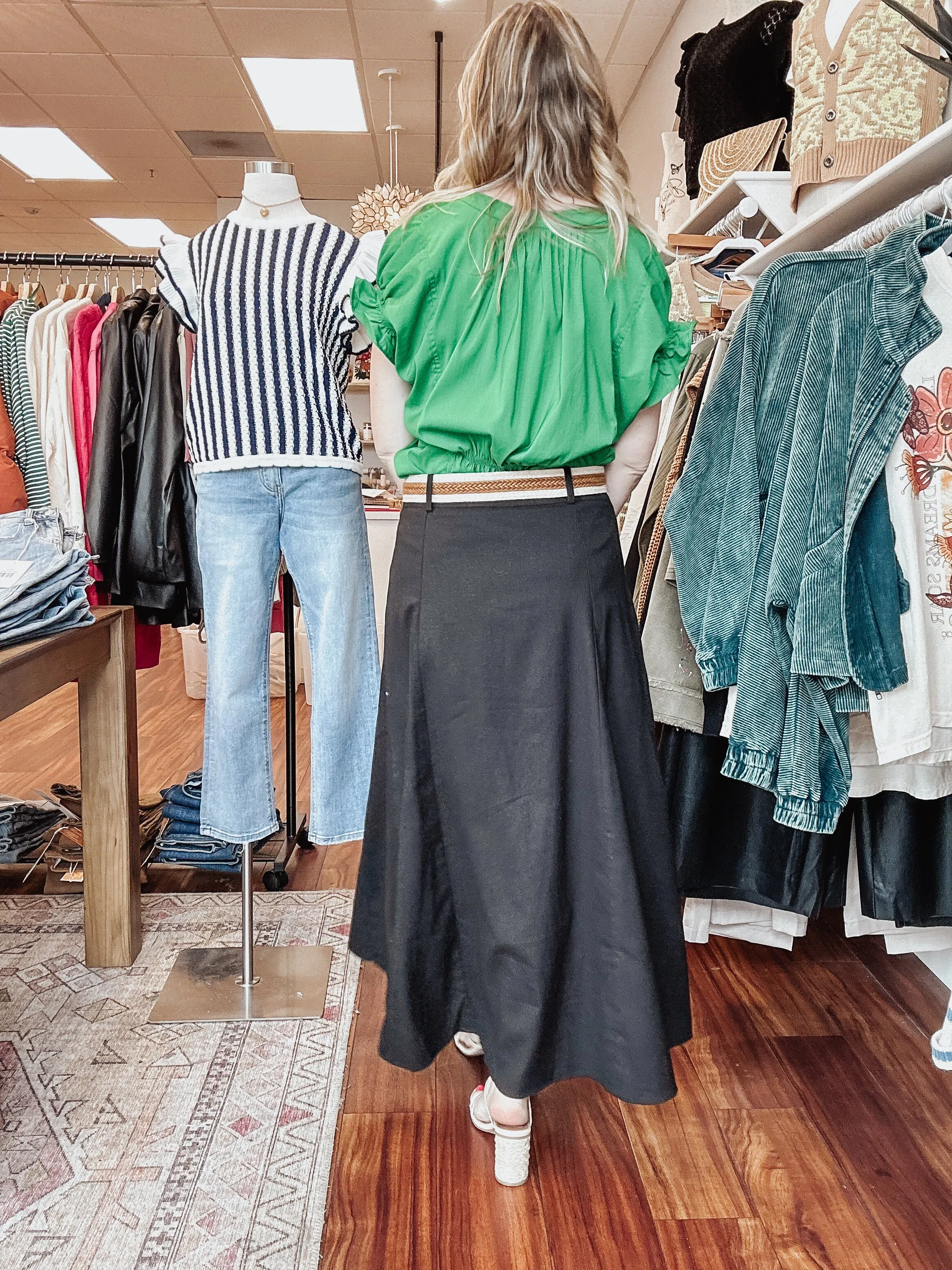 FINAL SALE Bali Linen Midi Skirt with Straw Belt - Black