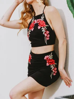 Floral Halter Backless Vest Top and Bodycon Skirt Dress Set