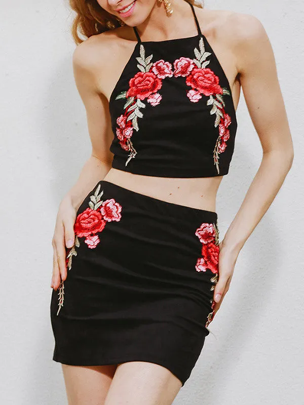 Floral Halter Backless Vest Top and Bodycon Skirt Dress Set