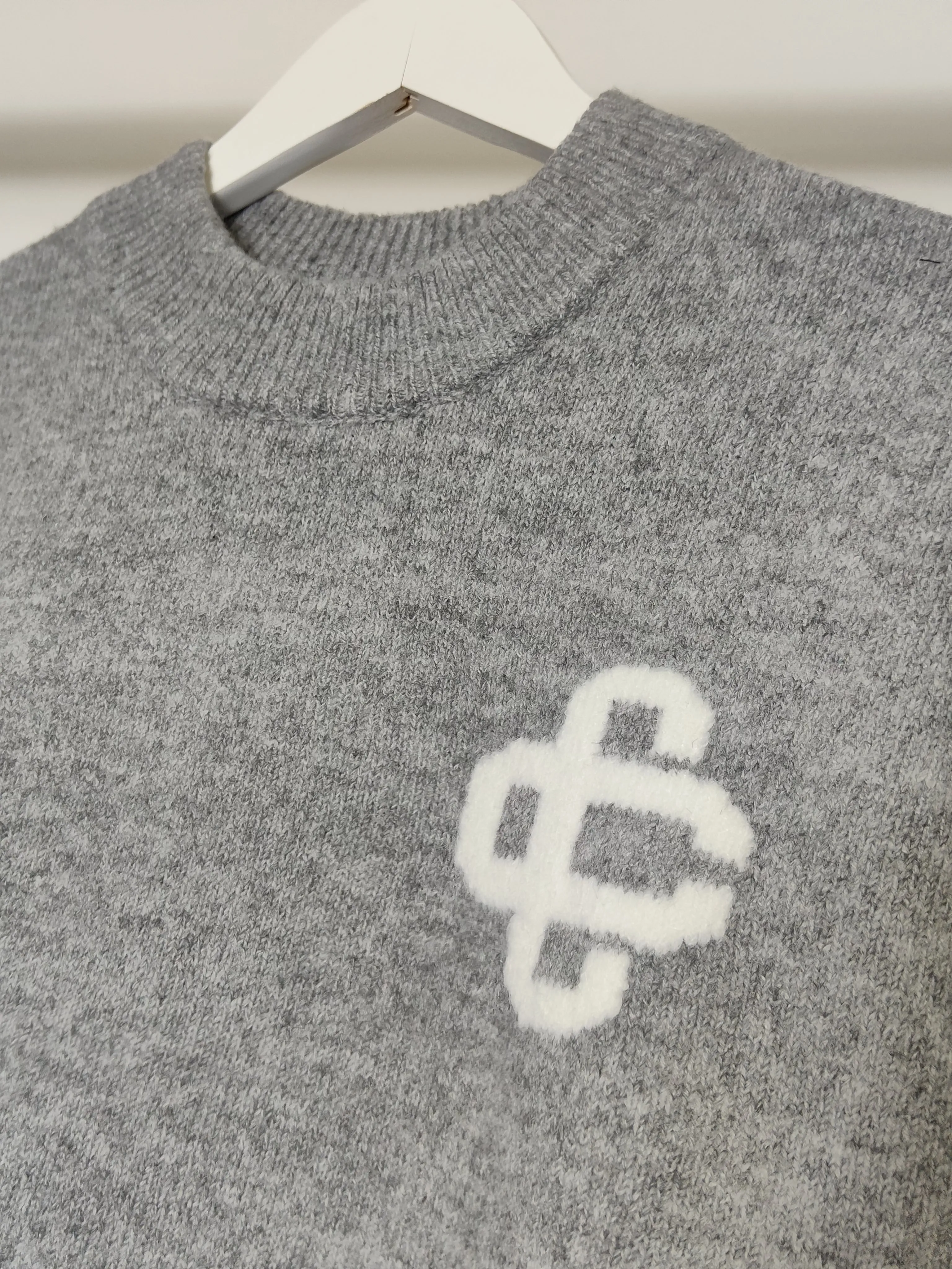 Fluffy Knit Emblem Crew Tracksuit Set Sweatshirt and Joggers