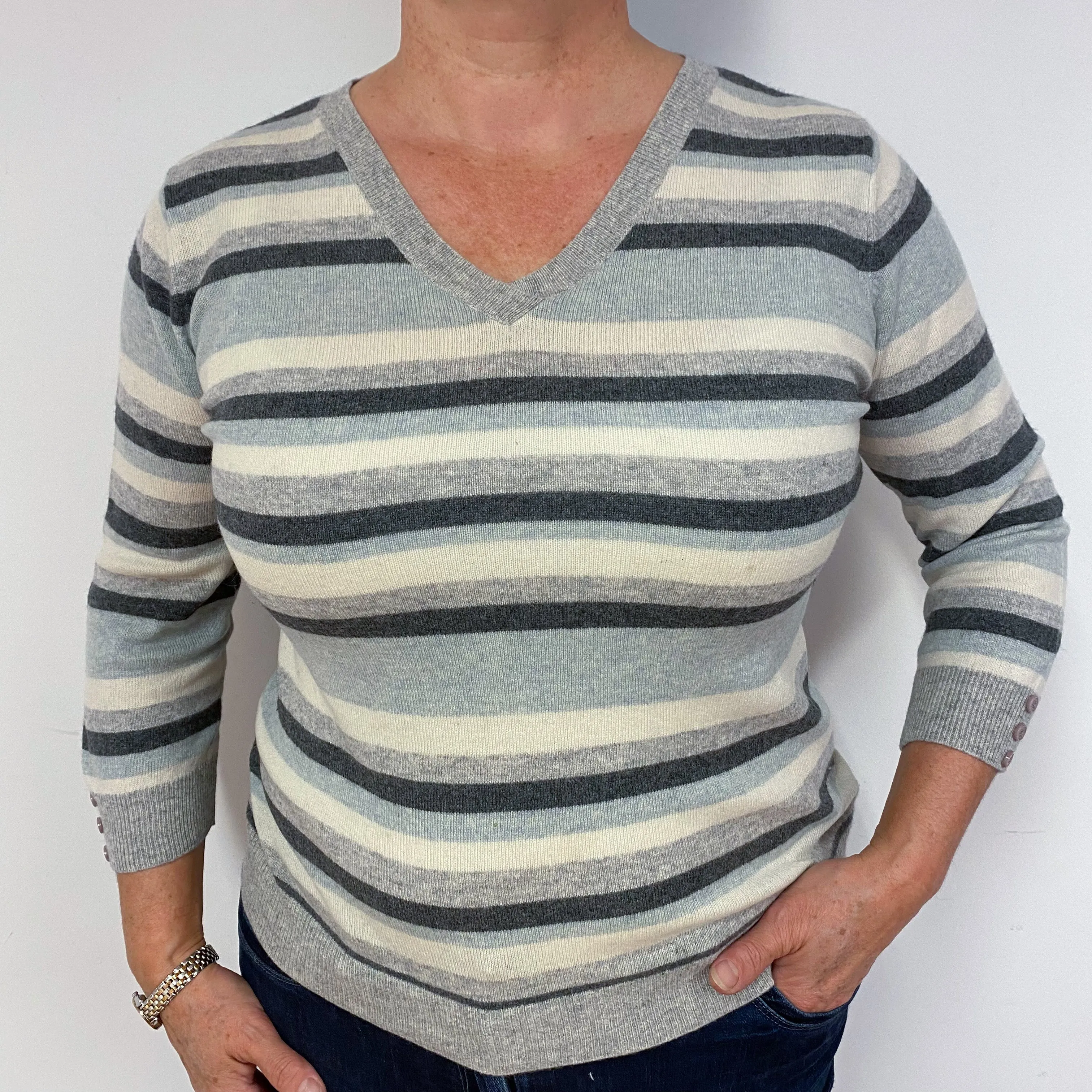 Grey Striped Cashmere V-Neck Jumper Large