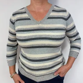 Grey Striped Cashmere V-Neck Jumper Large