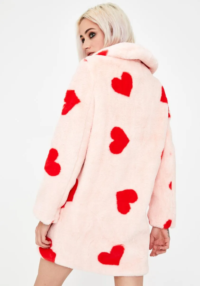 Heart Print Faux Fur Coat