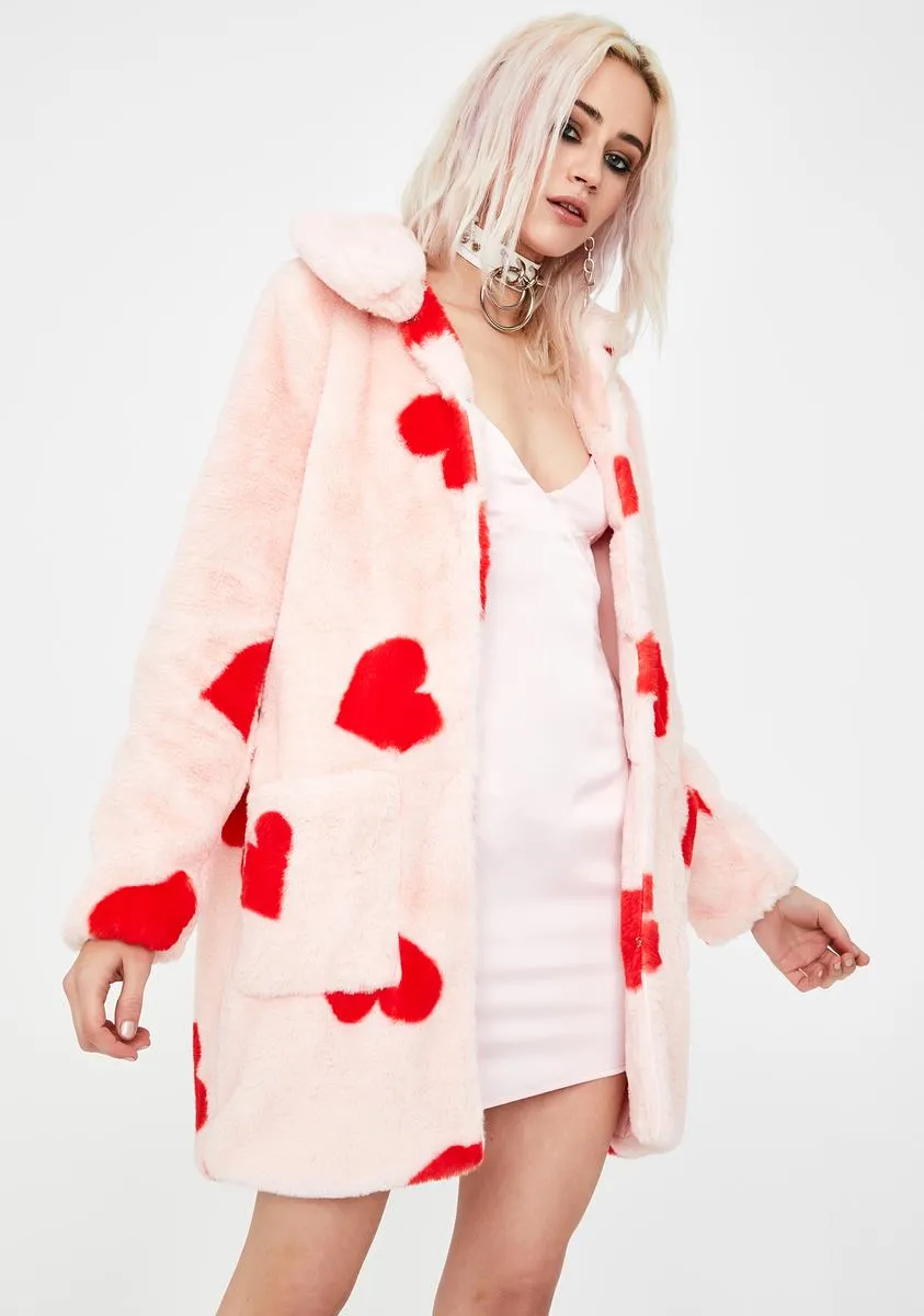 Heart Print Faux Fur Coat