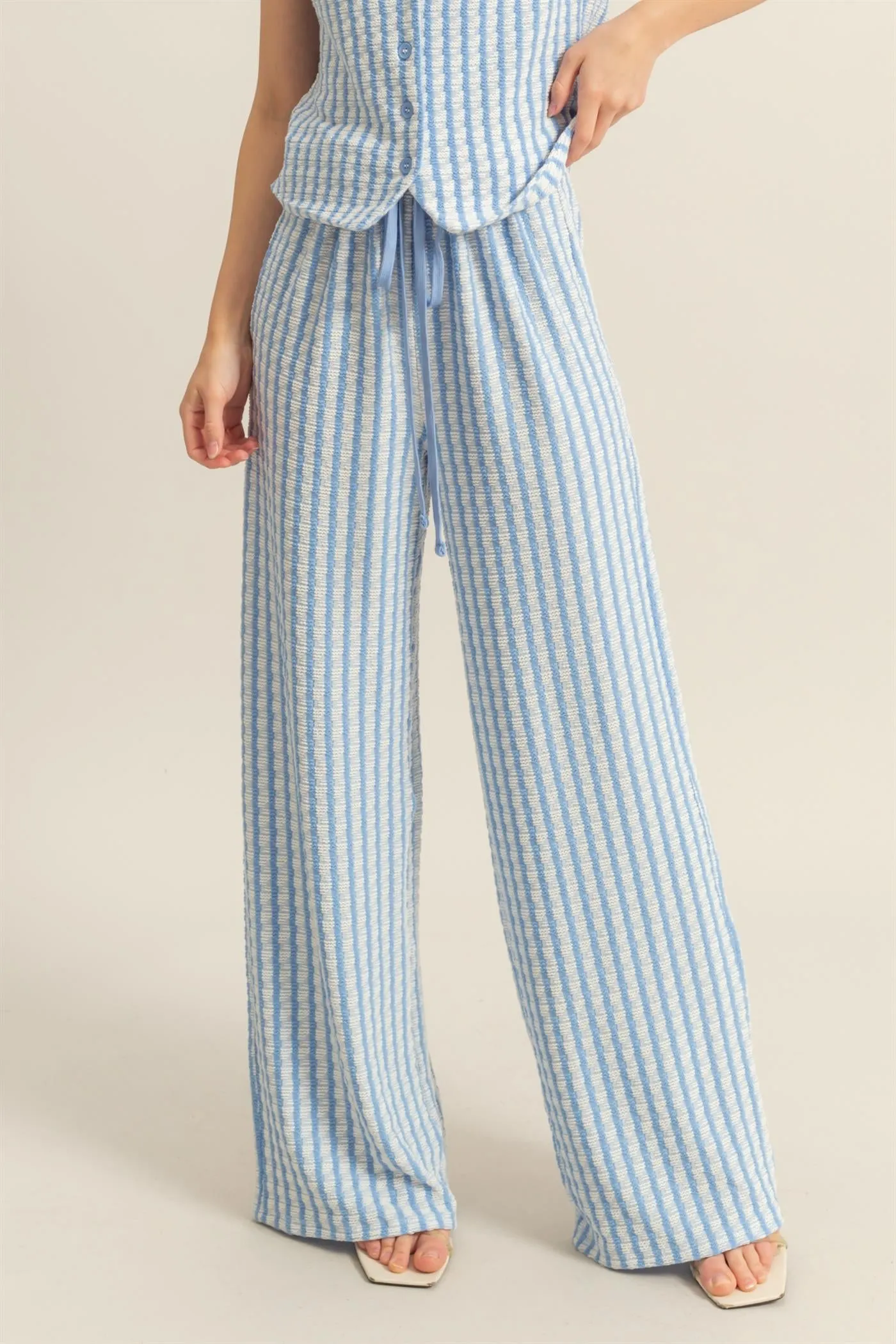 HF25E272-High Waist Drawstring Striped Knit Pants