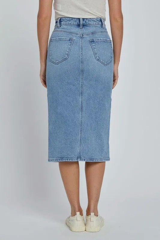 High Rise Denim Midi Skirt
