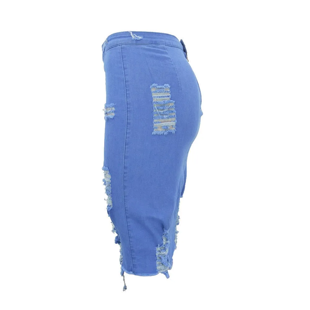 High Waist Ripped Denim Distressed Skirt Sky Blue Slim Pencil Bodycon Mini Jean Skirt Casual Womens Skirt Jupe