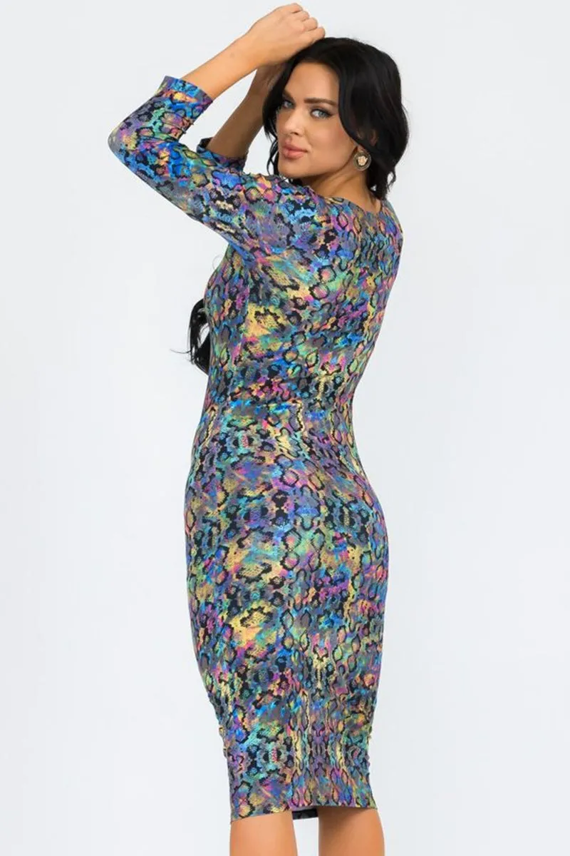 Iridescent Snakeskin Bodycon Midi Dress