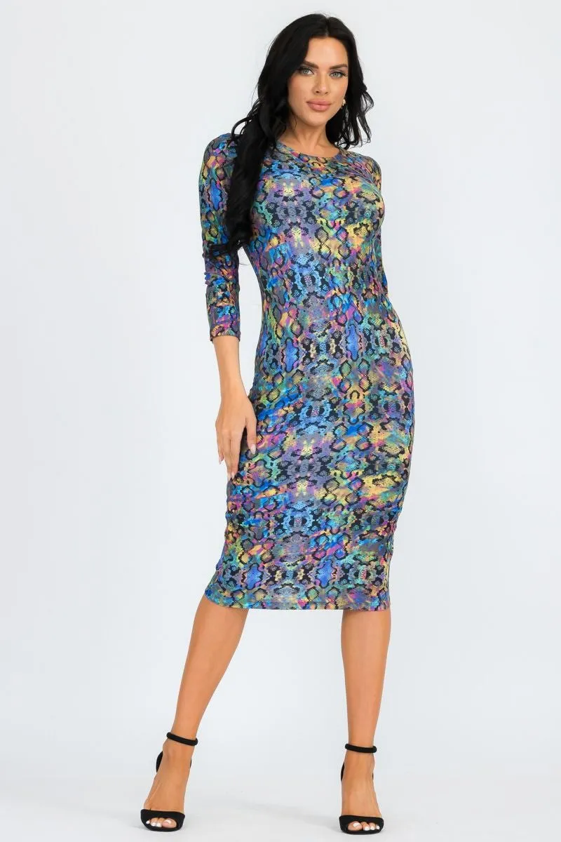Iridescent Snakeskin Bodycon Midi Dress