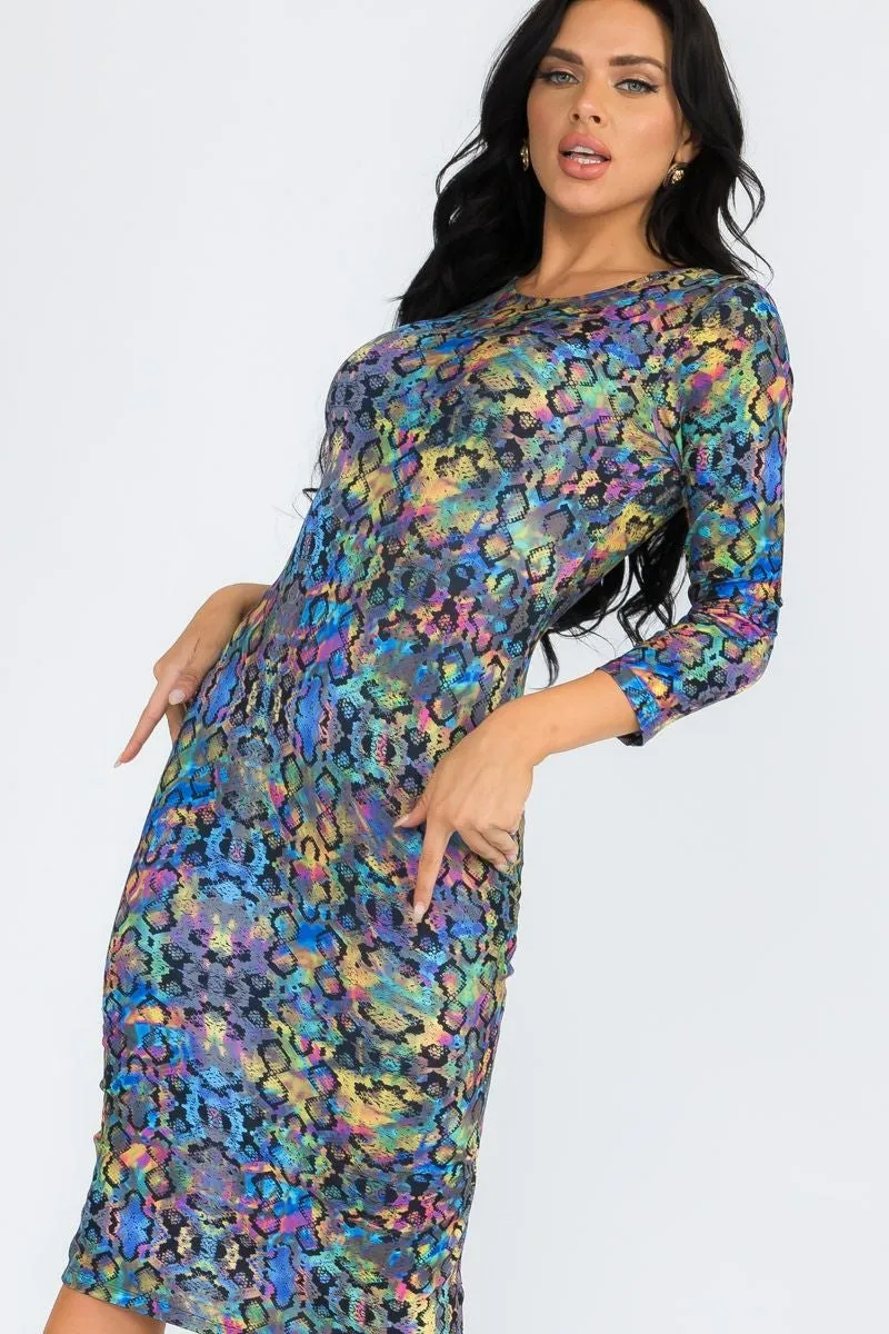 Iridescent Snakeskin Bodycon Midi Dress