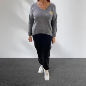 Jemma-Jay V-Neck Grey Small Shimmer Heart Jumper