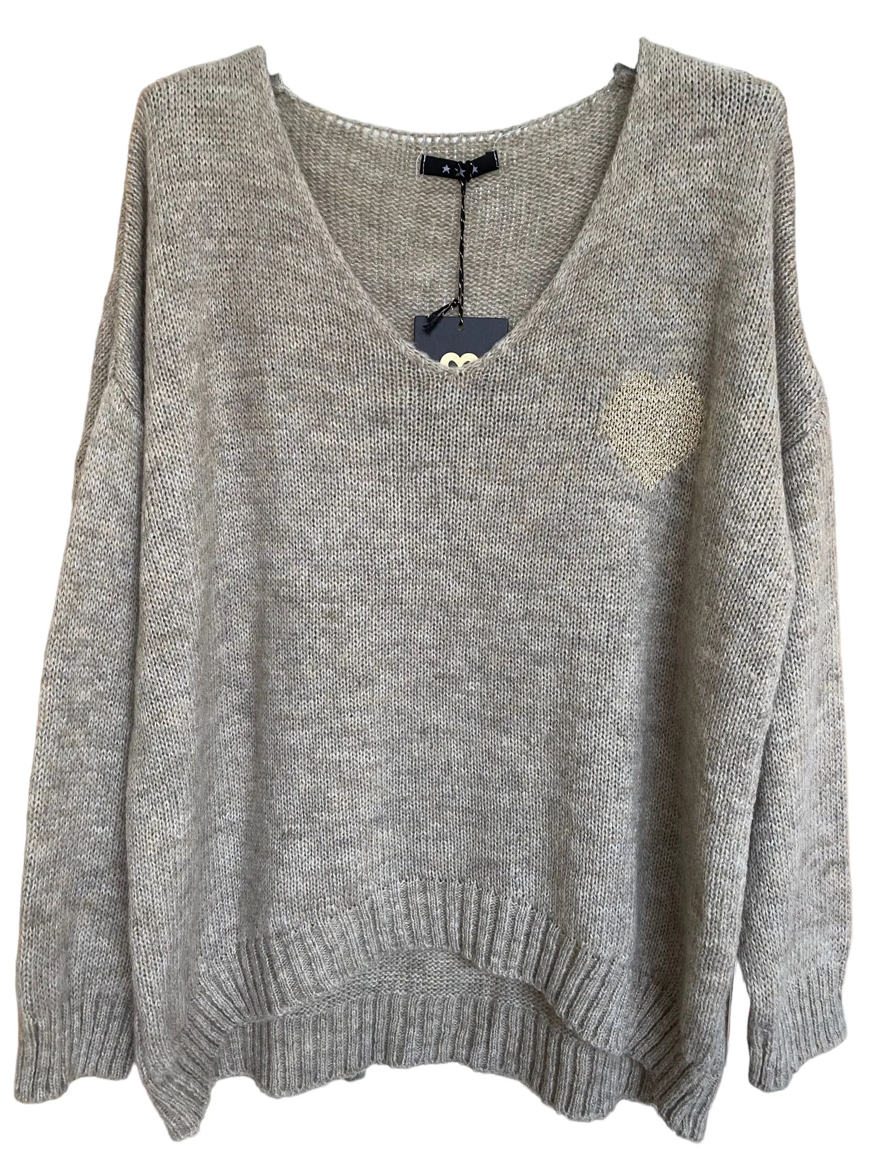 Jemma-Jay V-Neck Grey Small Shimmer Heart Jumper