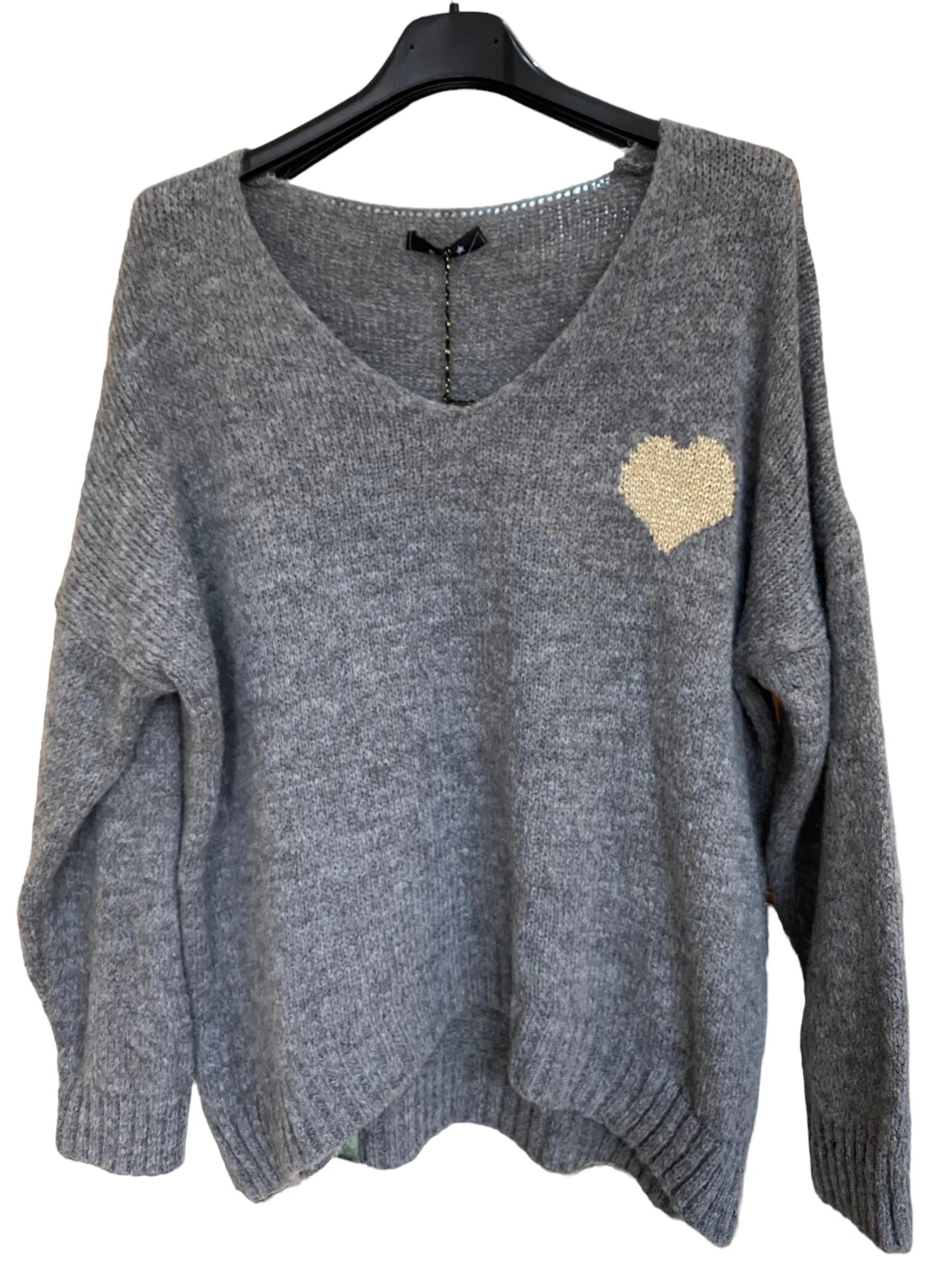 Jemma-Jay V-Neck Grey Small Shimmer Heart Jumper