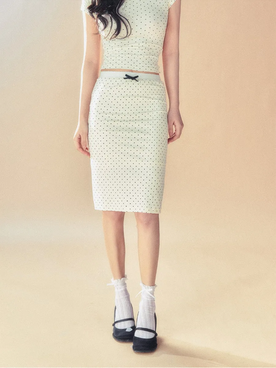 Knit Stretch Dot Ribbon Girly Tight Casual Retro Middle Pencil-Skirt