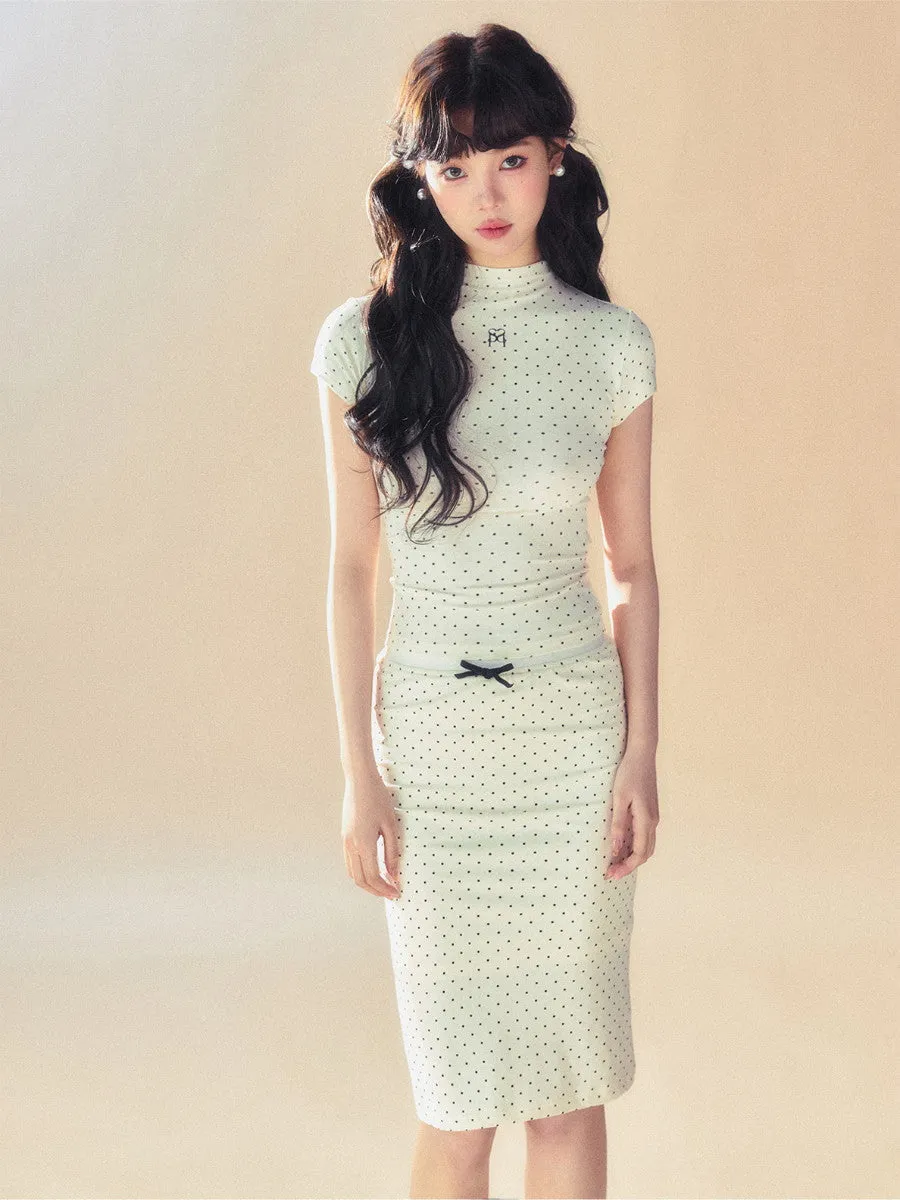 Knit Stretch Dot Ribbon Girly Tight Casual Retro Middle Pencil-Skirt