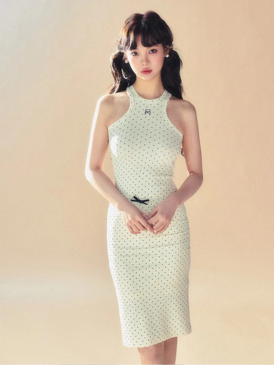 Knit Stretch Dot Ribbon Girly Tight Casual Retro Middle Pencil-Skirt