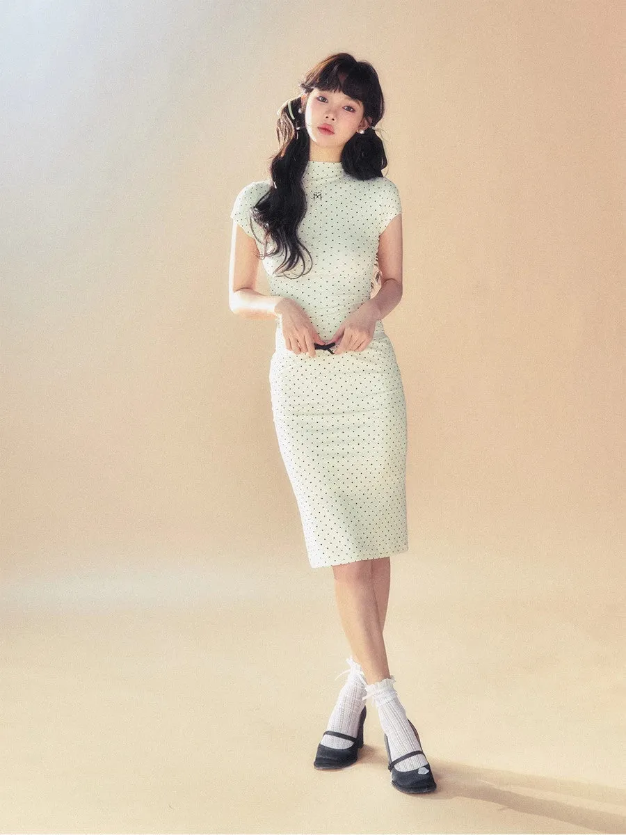 Knit Stretch Dot Ribbon Girly Tight Casual Retro Middle Pencil-Skirt