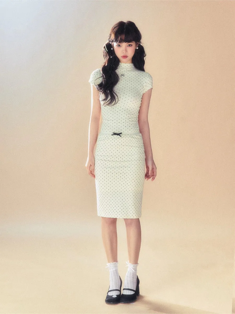Knit Stretch Dot Ribbon Girly Tight Casual Retro Middle Pencil-Skirt