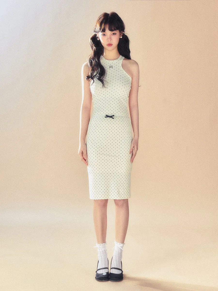 Knit Stretch Dot Ribbon Girly Tight Casual Retro Middle Pencil-Skirt