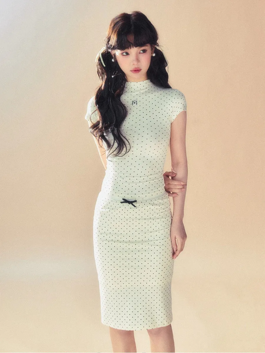 Knit Stretch Dot Ribbon Girly Tight Casual Retro Middle Pencil-Skirt