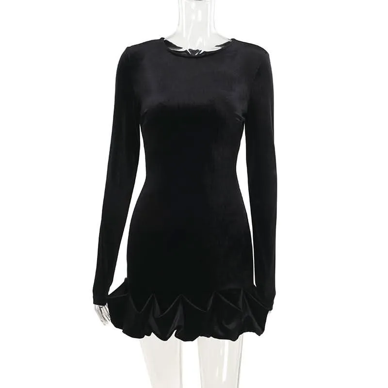 Long sleeve crewneck velvet ruffle mini dress