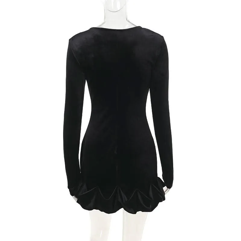 Long sleeve crewneck velvet ruffle mini dress