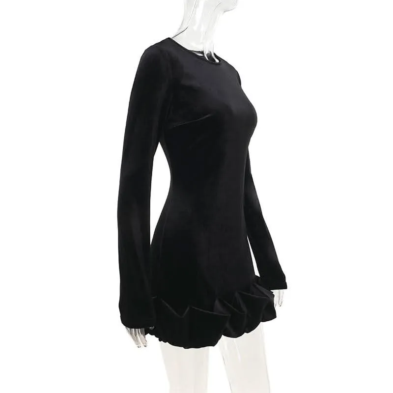 Long sleeve crewneck velvet ruffle mini dress