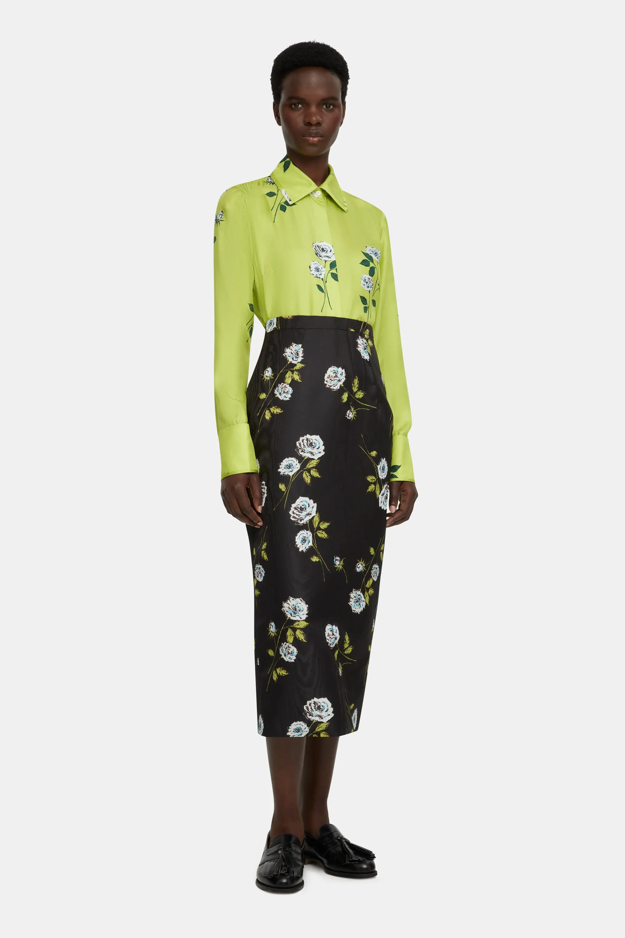 Lorelei Skirt in Rose Stem Printed Moire on Black