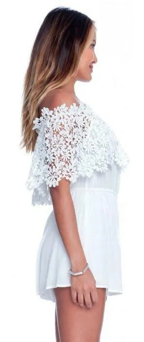 Lush Just A Dream Lace Off-The-Shoulder White Romper