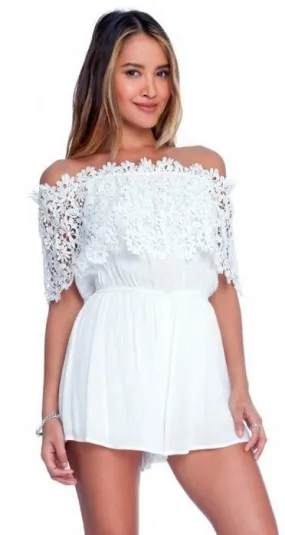 Lush Just A Dream Lace Off-The-Shoulder White Romper