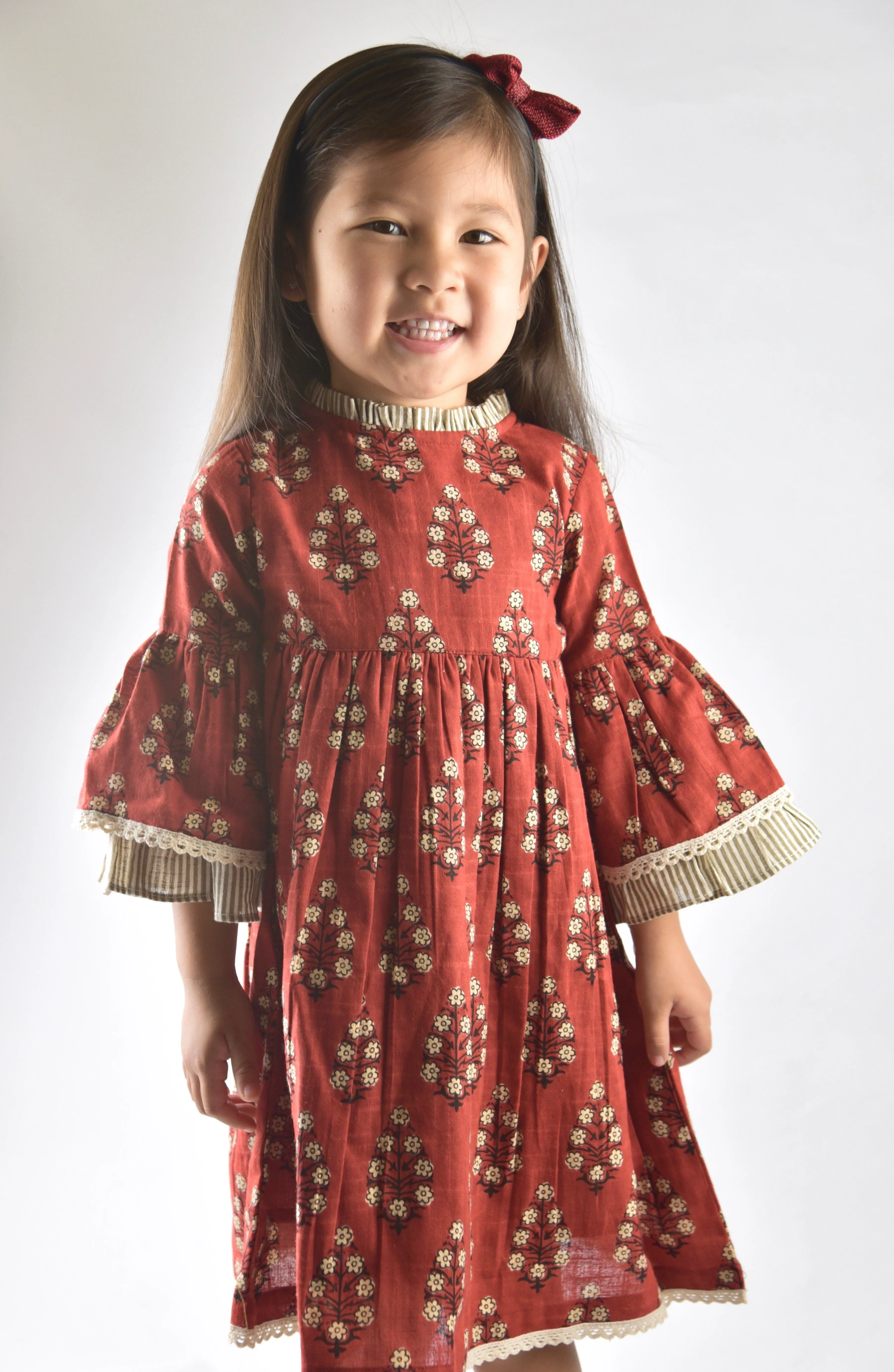 Maroon Dress with Pin Stripe Detail on Sleeve and Neck