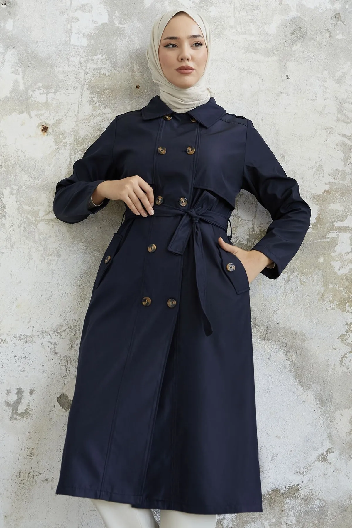 MDS Women Evelina Double Button Detail Trench Coat - Navy - Elmshorn