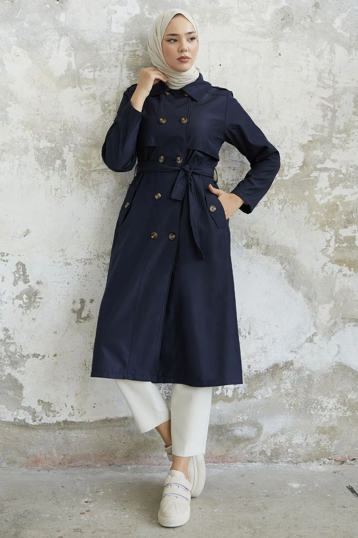 MDS Women Evelina Double Button Detail Trench Coat - Navy - Elmshorn