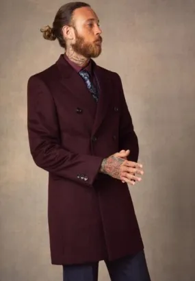 Mens Peacoat Peacoat Men's Burgundy ~ Wine Double Breasted Peak Lapel Men's Carcoat - Car Coat Mid Length Three Quarter Length Coat