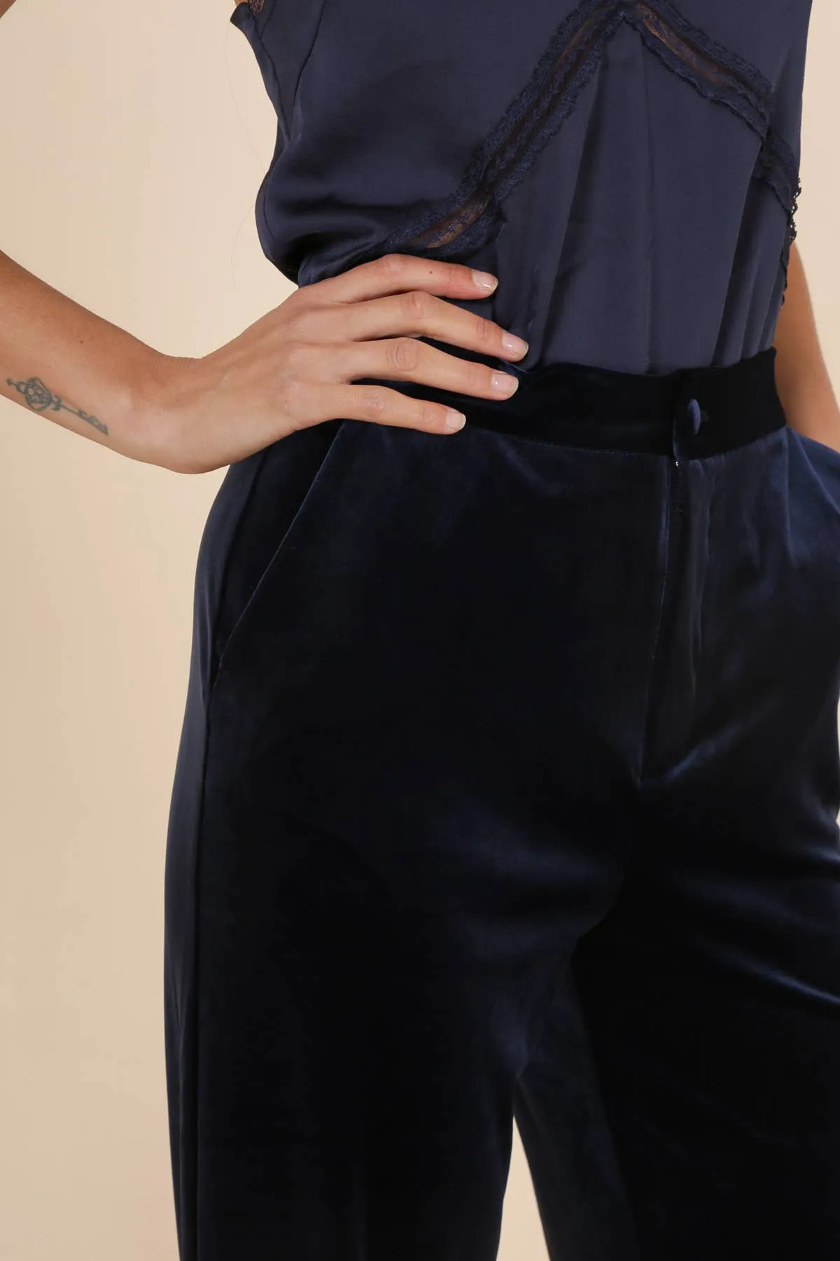Navy High Waist Velvet Pants