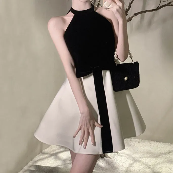 Off-The-Shoulder Color-Block Waist Fluffy A-Line Dress