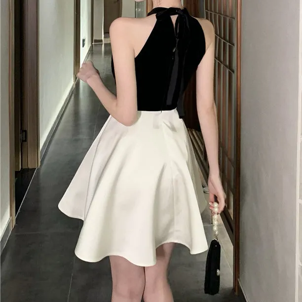 Off-The-Shoulder Color-Block Waist Fluffy A-Line Dress