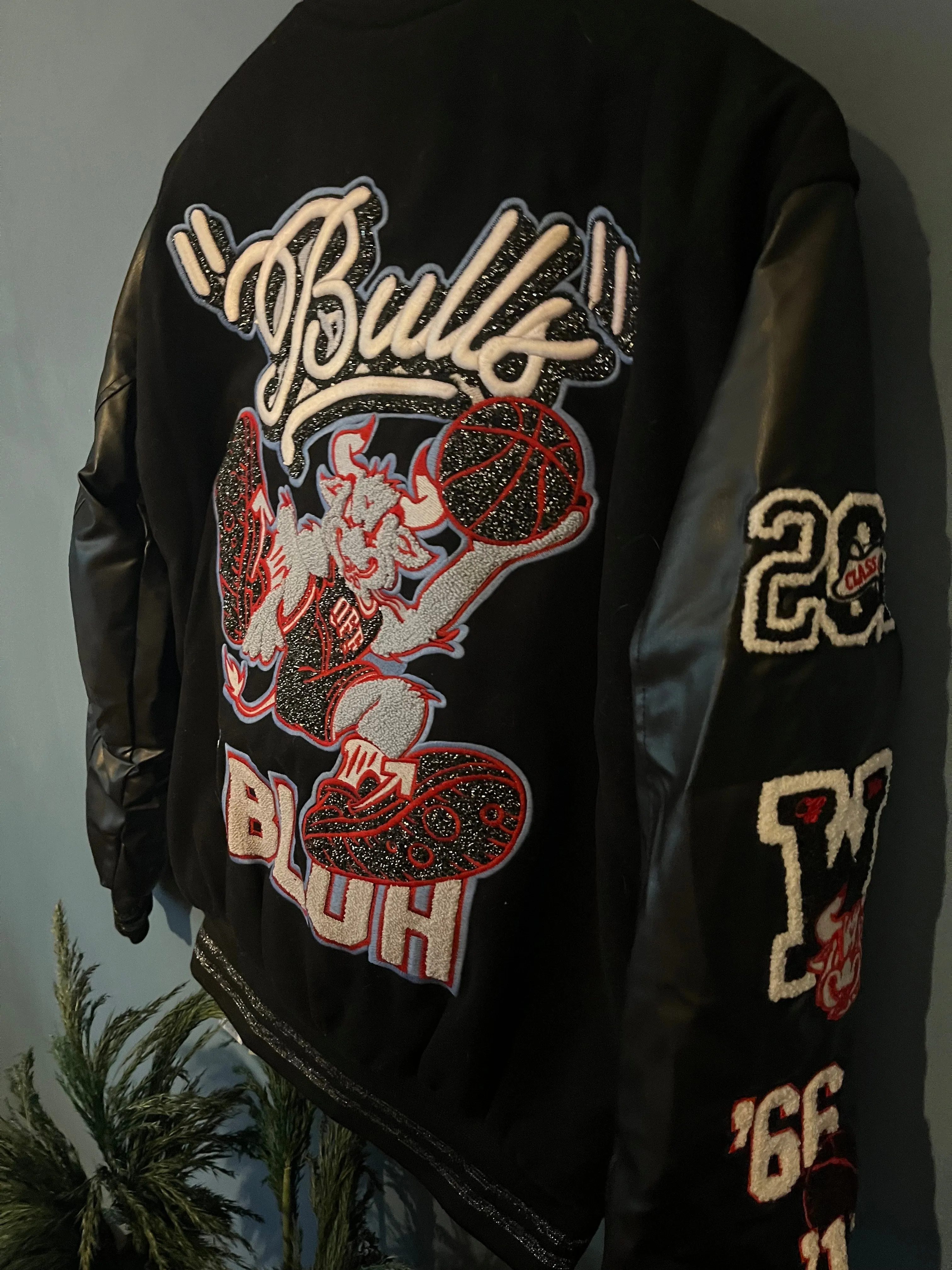 Off-White c/o Chicago Bulls " Red Varsity " Jacket styled in Black for Fall&Winter 2024