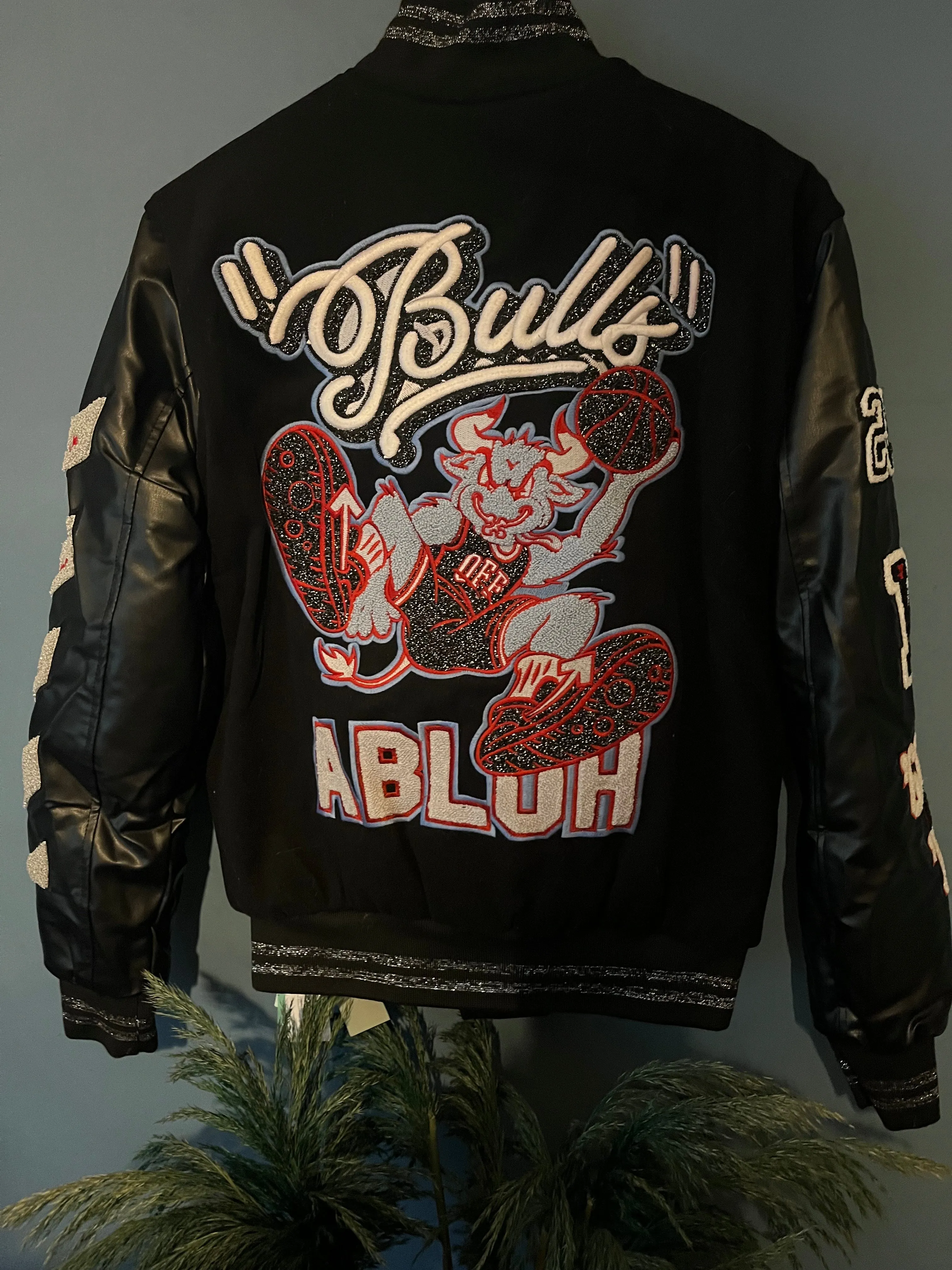 Off-White c/o Chicago Bulls " Red Varsity " Jacket styled in Black for Fall&Winter 2024