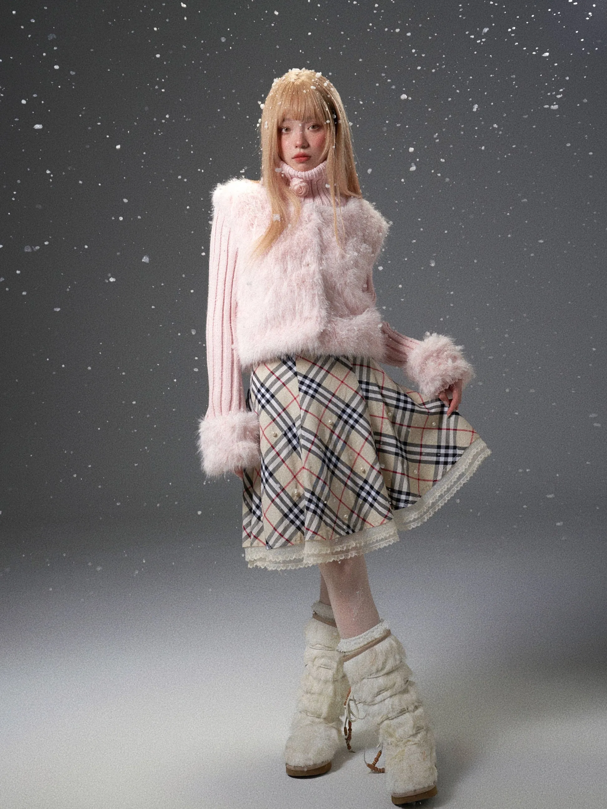 Plaid Pearl Lace Patchwork Skirt