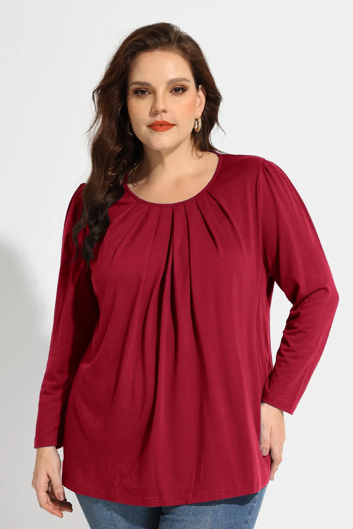 Pleated Flowy Crewneck Long Sleeve Blouse