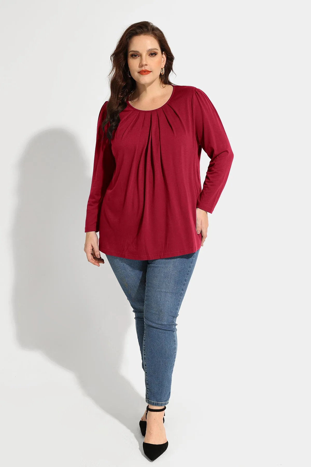 Pleated Flowy Crewneck Long Sleeve Blouse