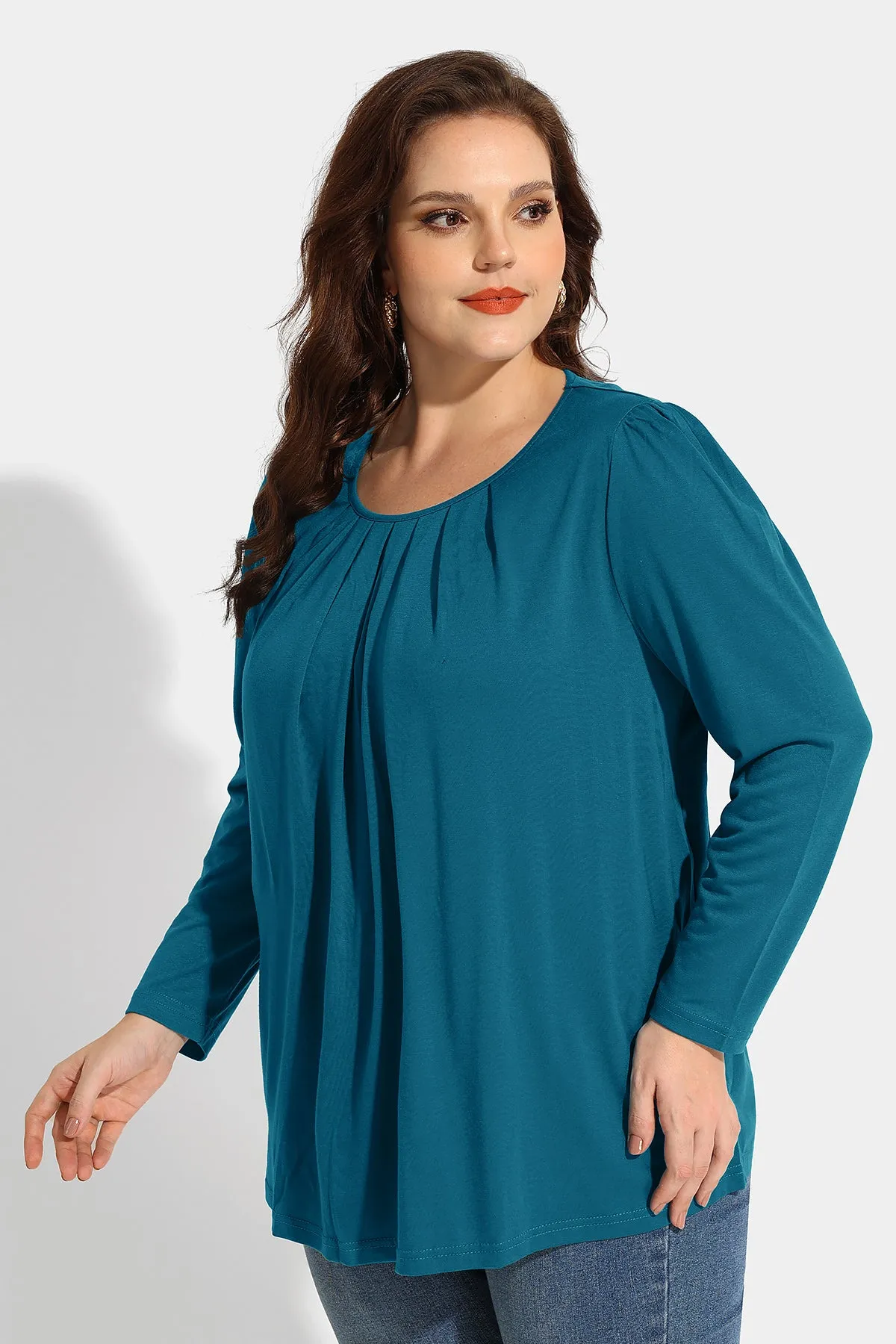 Pleated Flowy Crewneck Long Sleeve Blouse