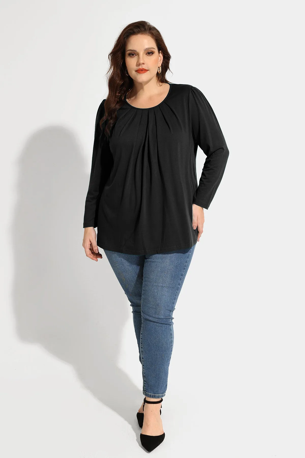 Pleated Flowy Crewneck Long Sleeve Blouse