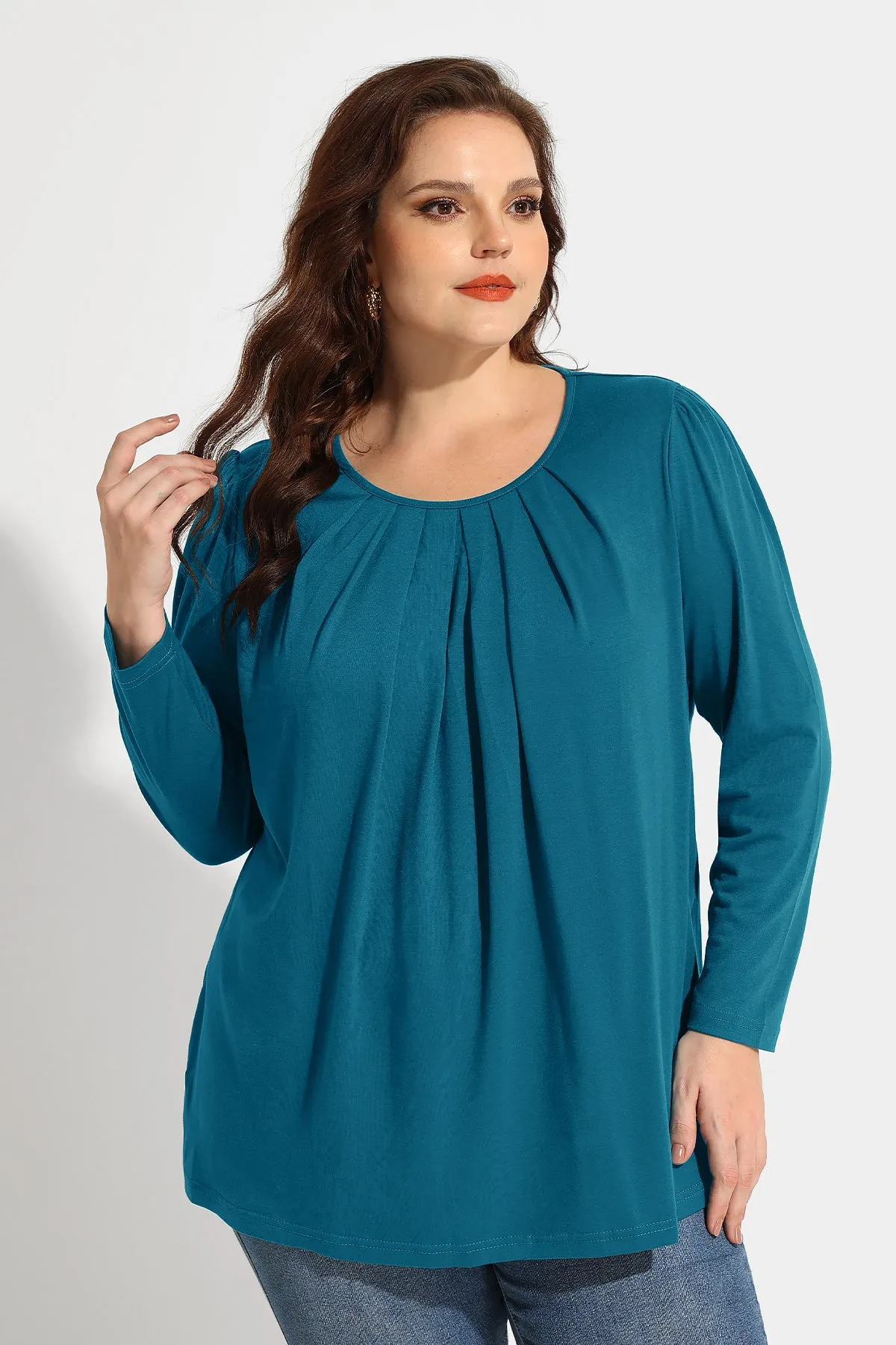 Pleated Flowy Crewneck Long Sleeve Blouse