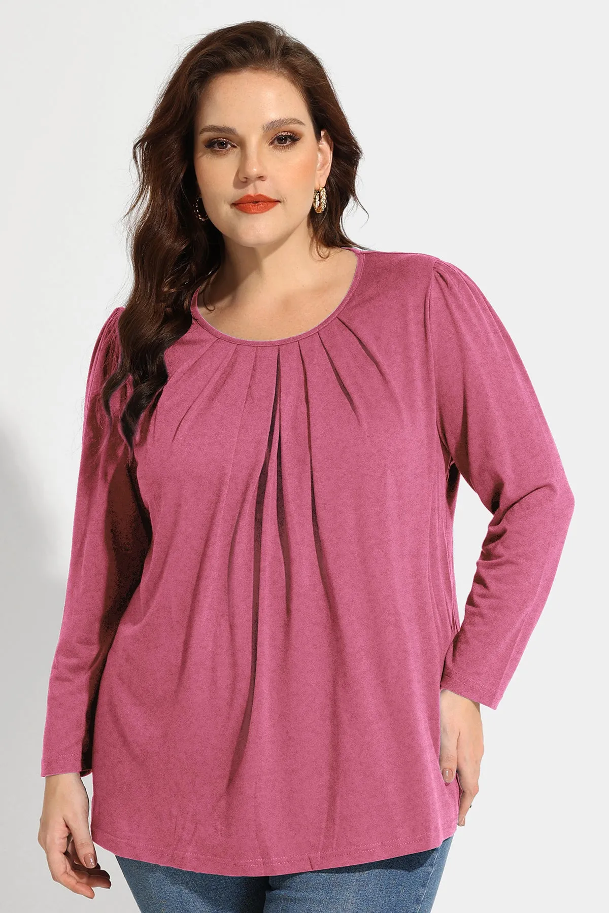 Pleated Flowy Crewneck Long Sleeve Blouse