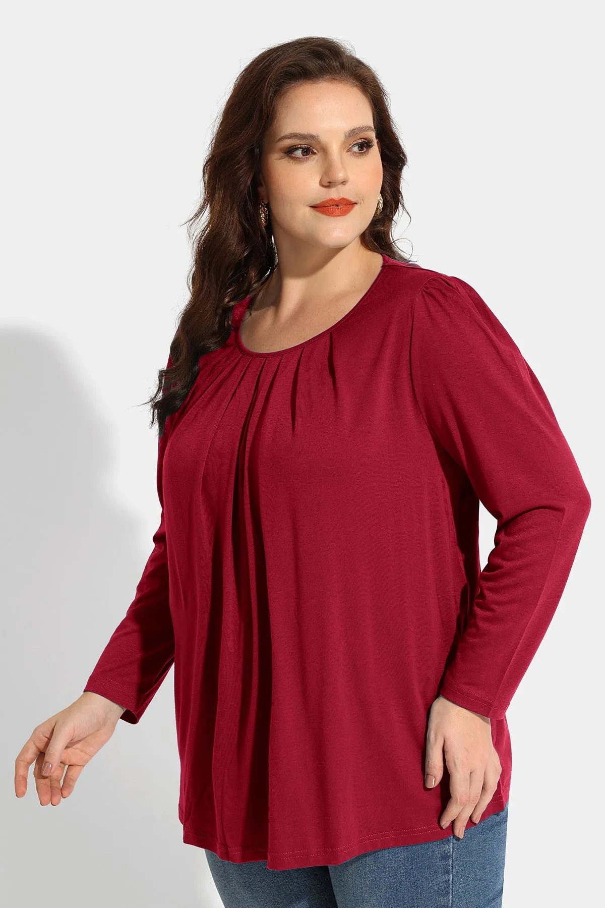 Pleated Flowy Crewneck Long Sleeve Blouse